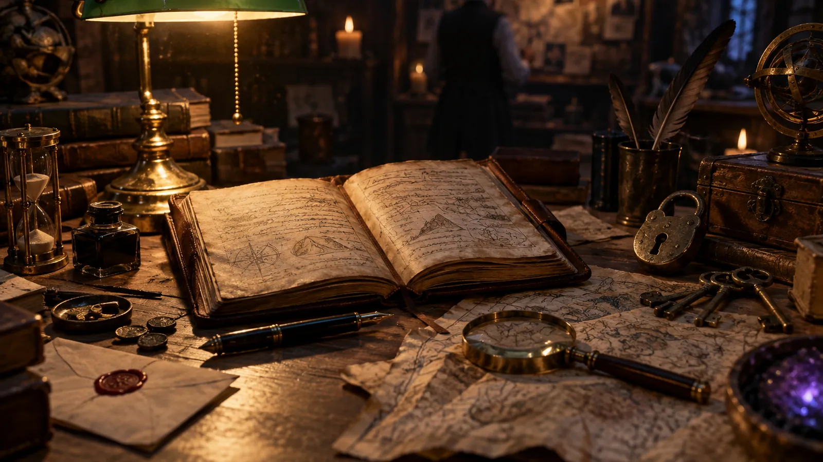 Carnet, loupe et cadenas sur un bureau pour le blog escape game