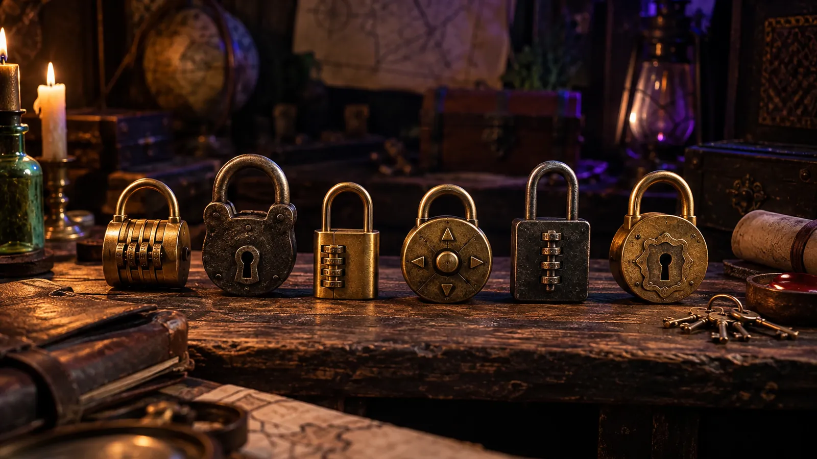 Collection de cadenas d’escape game en laiton alignés sur une planche en bois