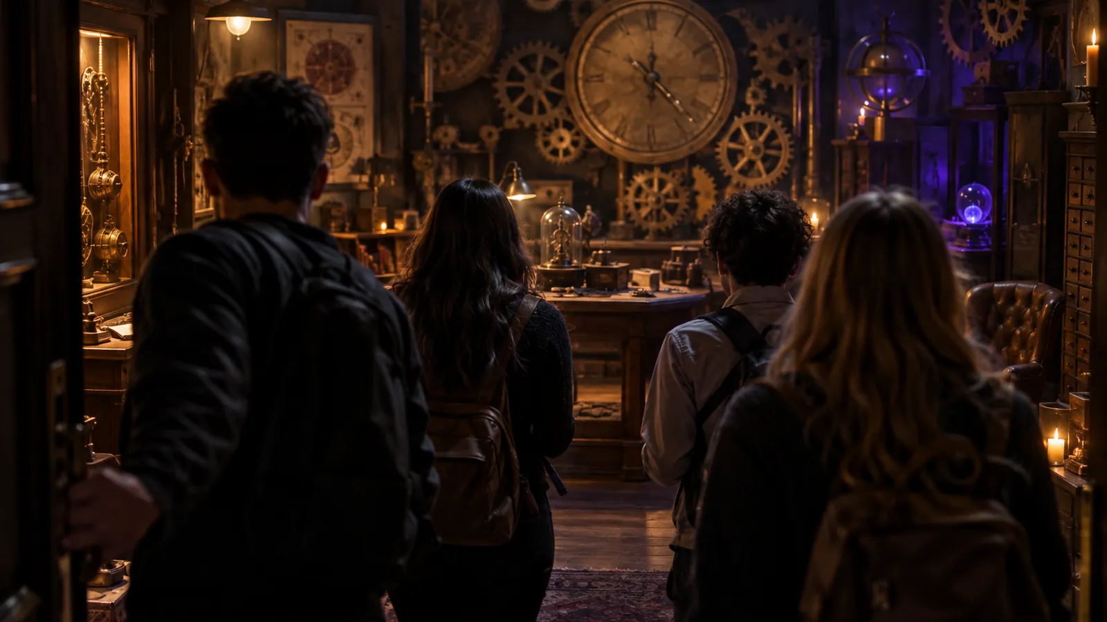 Équipe entrant dans une salle d’horloger, premières minutes du fonctionnement d’un escape game