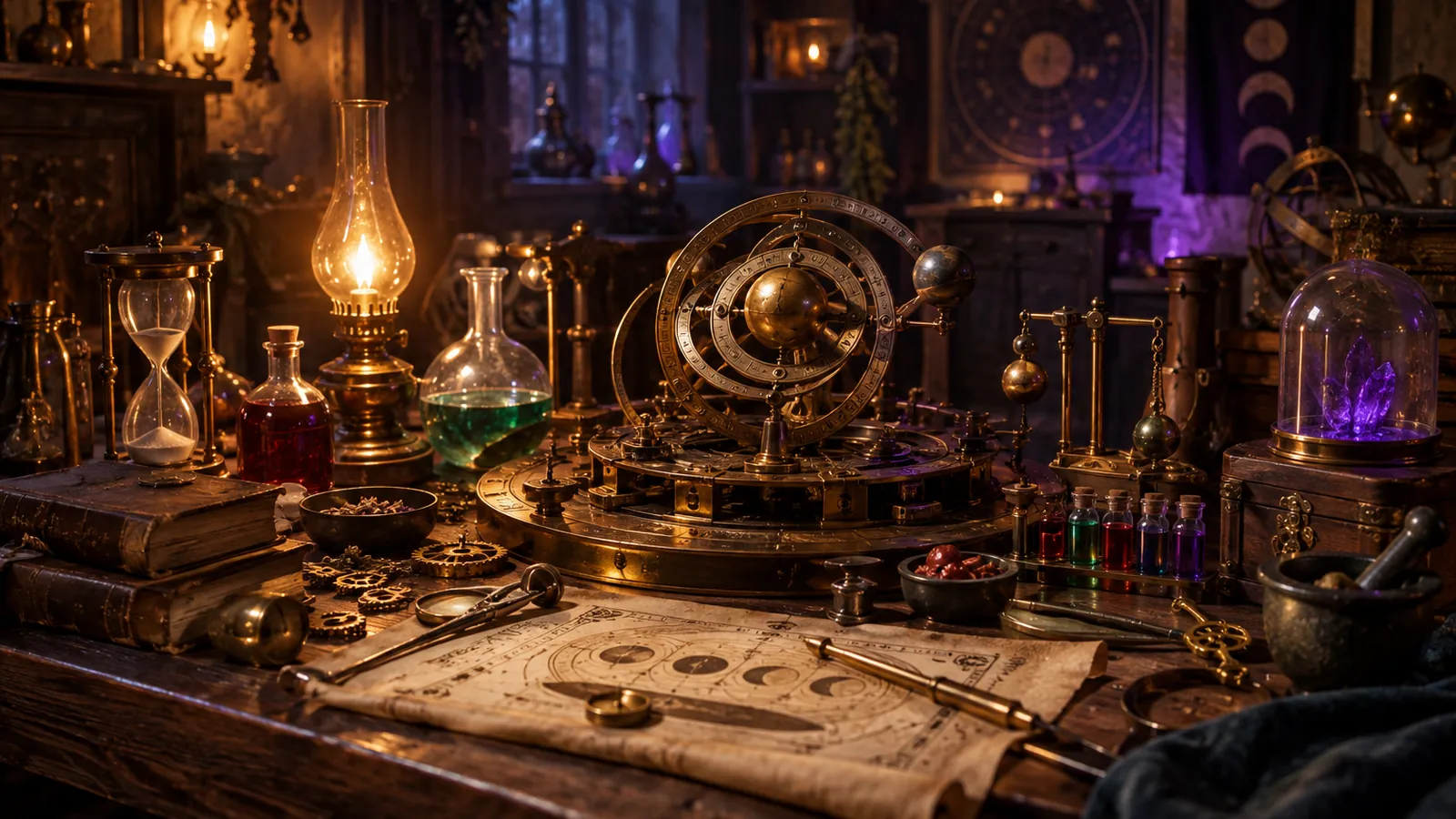 Bureau d’alchimiste aux mécanismes de laiton, décor typique des énigmes d’escape game