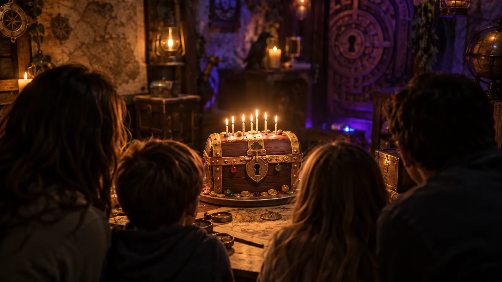 Gâteau en forme de coffre au trésor pour un anniversaire en escape game