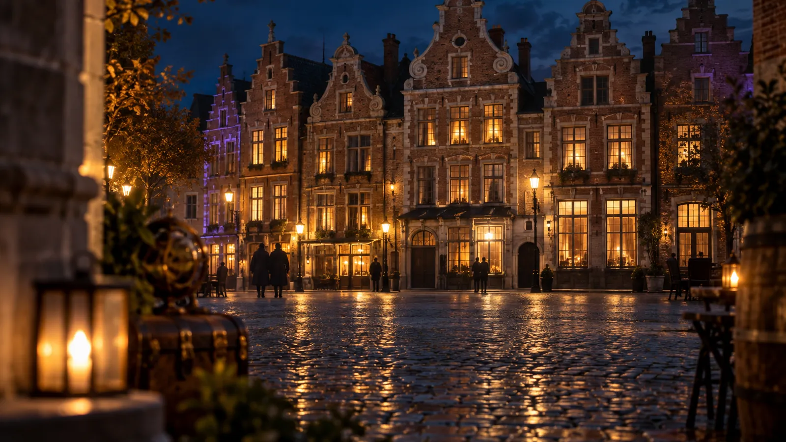Façades flamandes à pignons au crépuscule, cadre d’un escape game à Arras