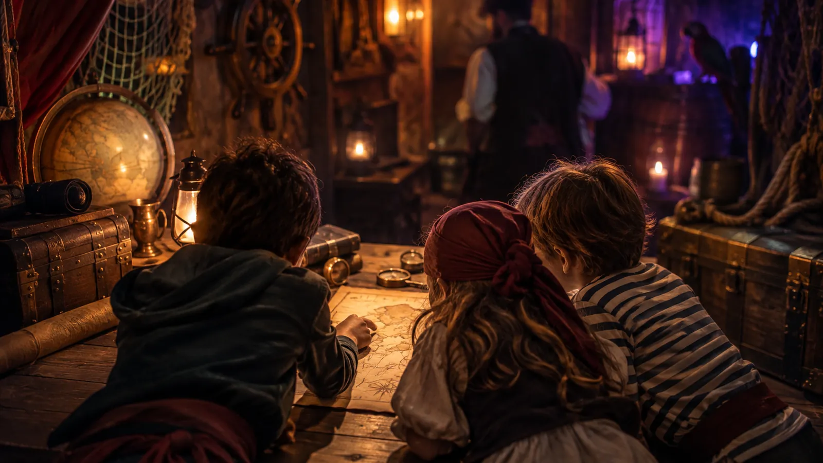 Enfants penchés sur une carte au trésor dans un escape game pour enfants