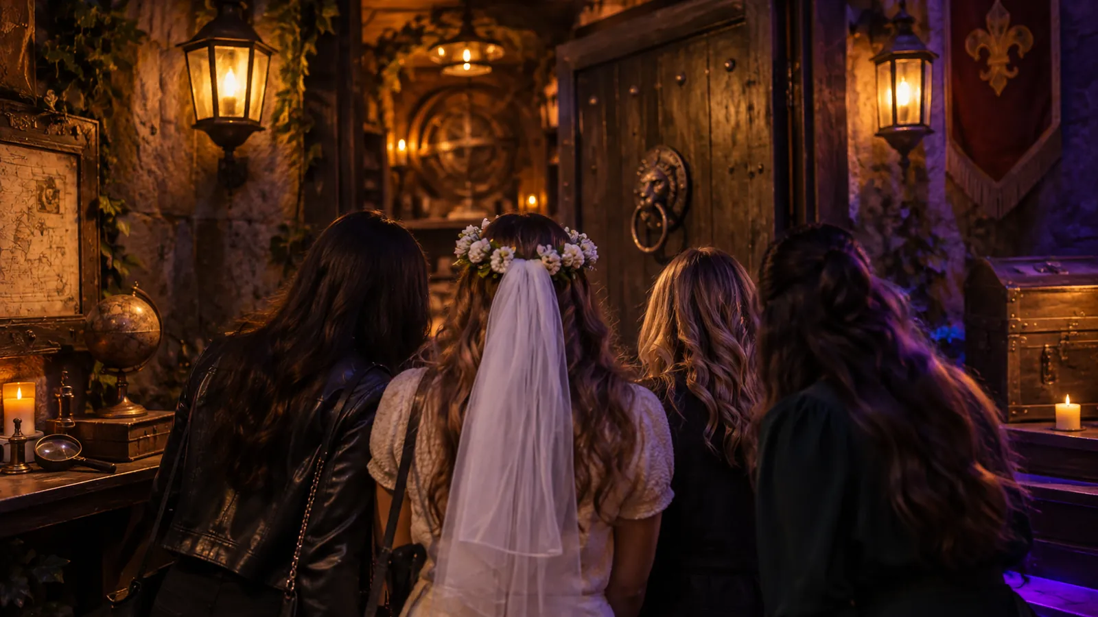 Future mariée voilée devant une salle pour son escape game EVJF