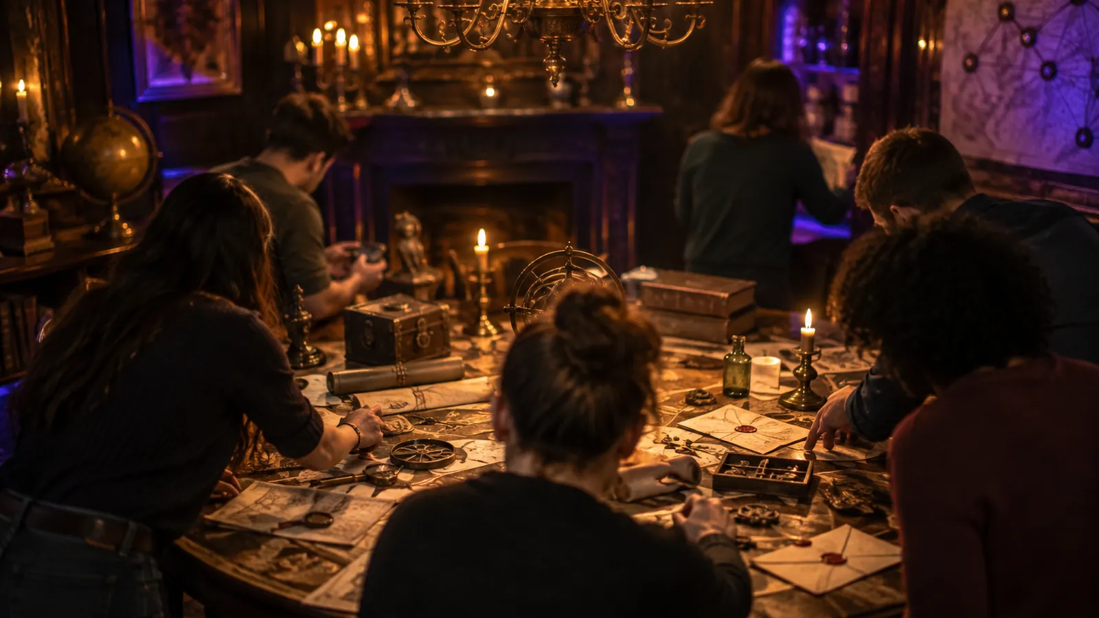 Grande table d’indices entourée de joueurs, esprit de l’escape game en groupe