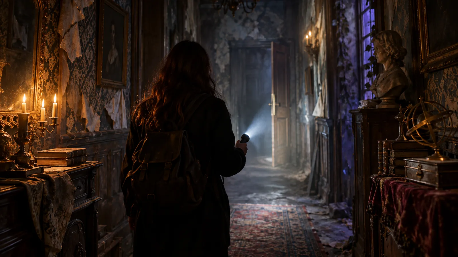 Couloir de manoir sombre éclairé à la lampe dans un escape game horreur