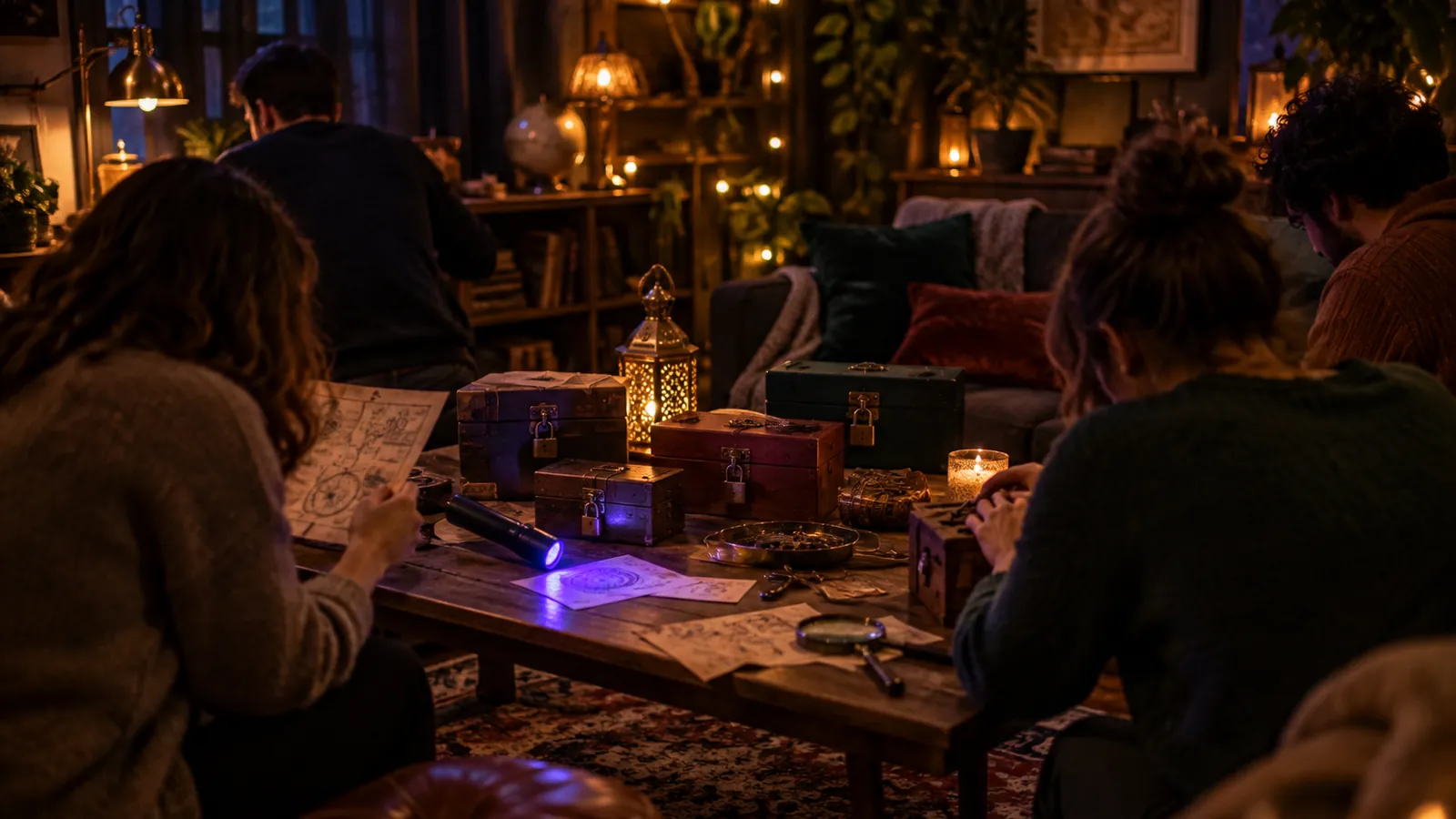 Salon aménagé avec boîtes et cadenas pour un escape game à la maison
