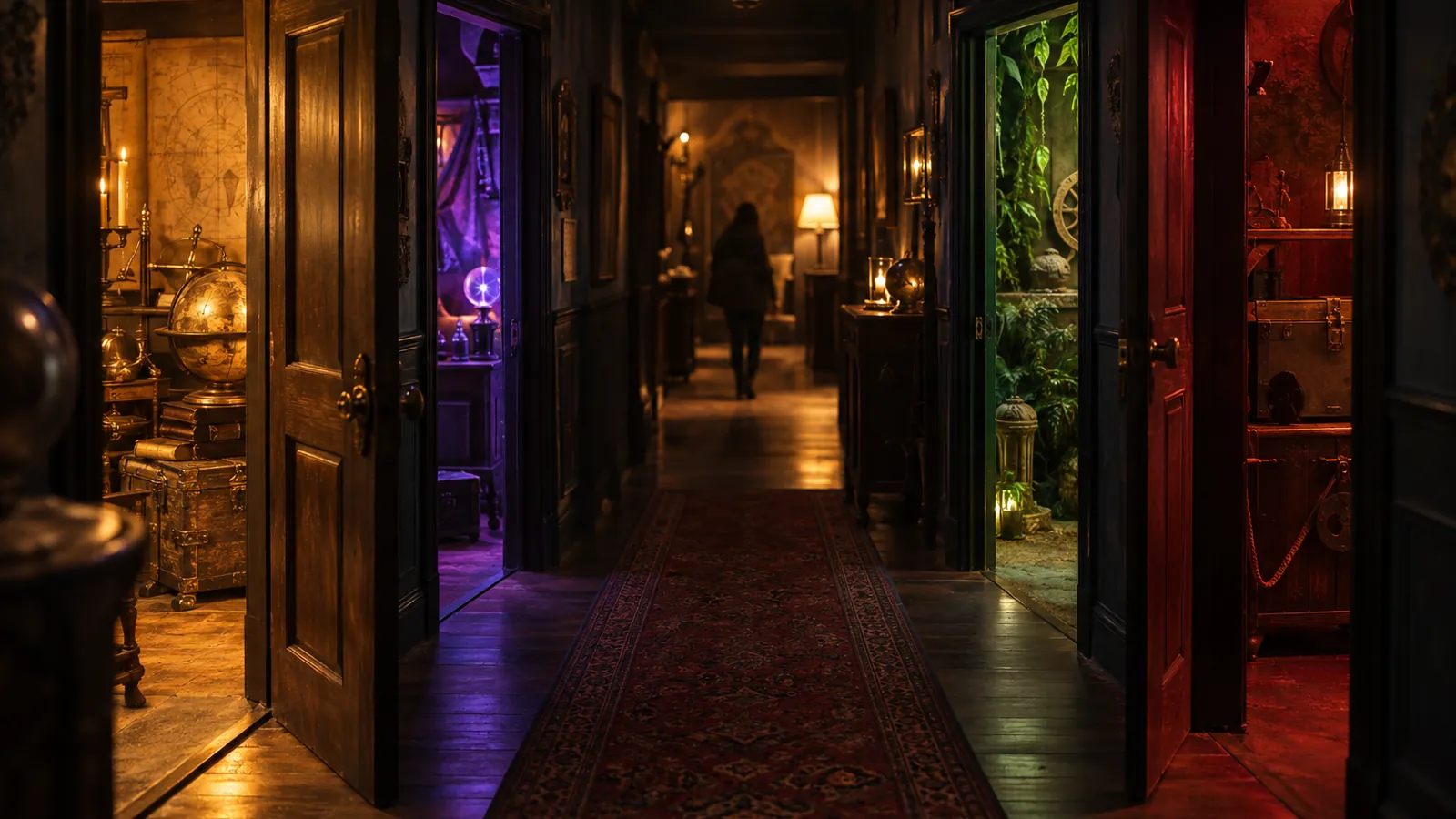 Couloir aux portes lumineuses évoquant les différents types d’escape game