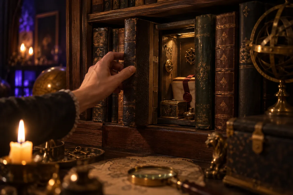 Livre qui révèle un passage secret, illustration du blog escape game et de ses astuces