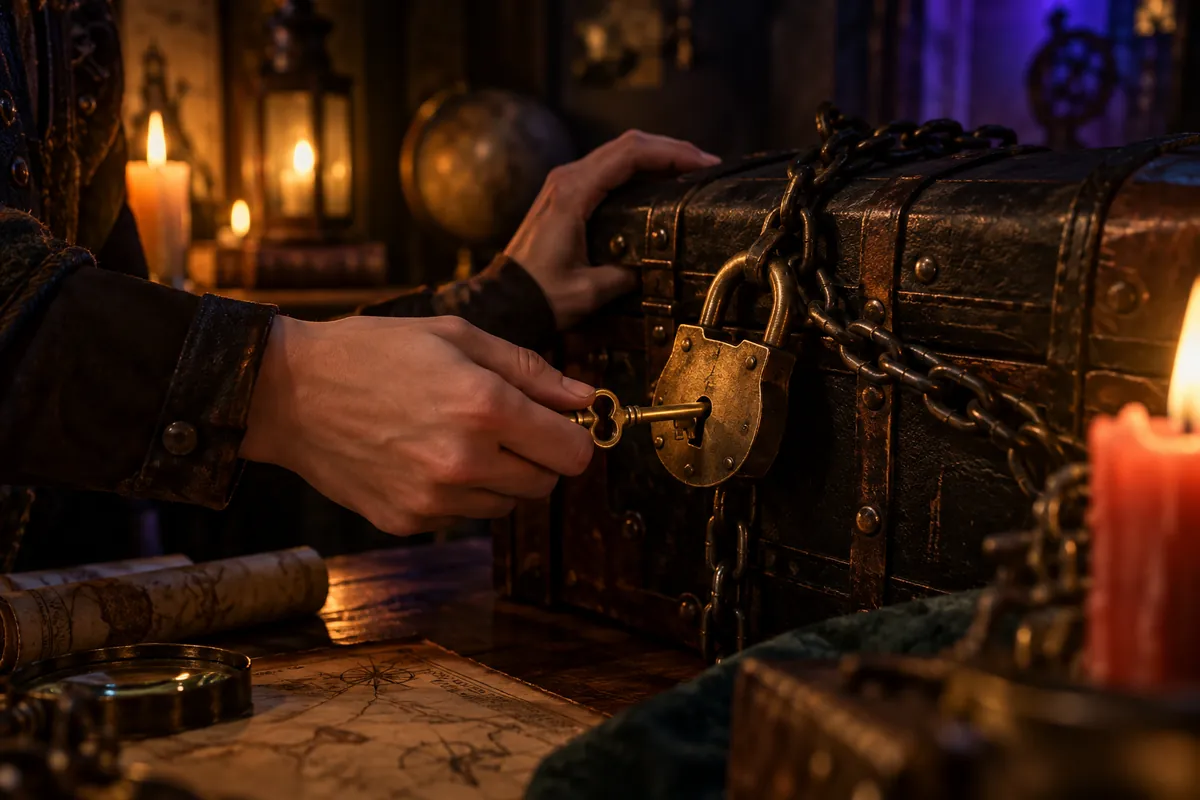 Clé en laiton ouvrant l’un des cadenas d’escape game sur un coffre