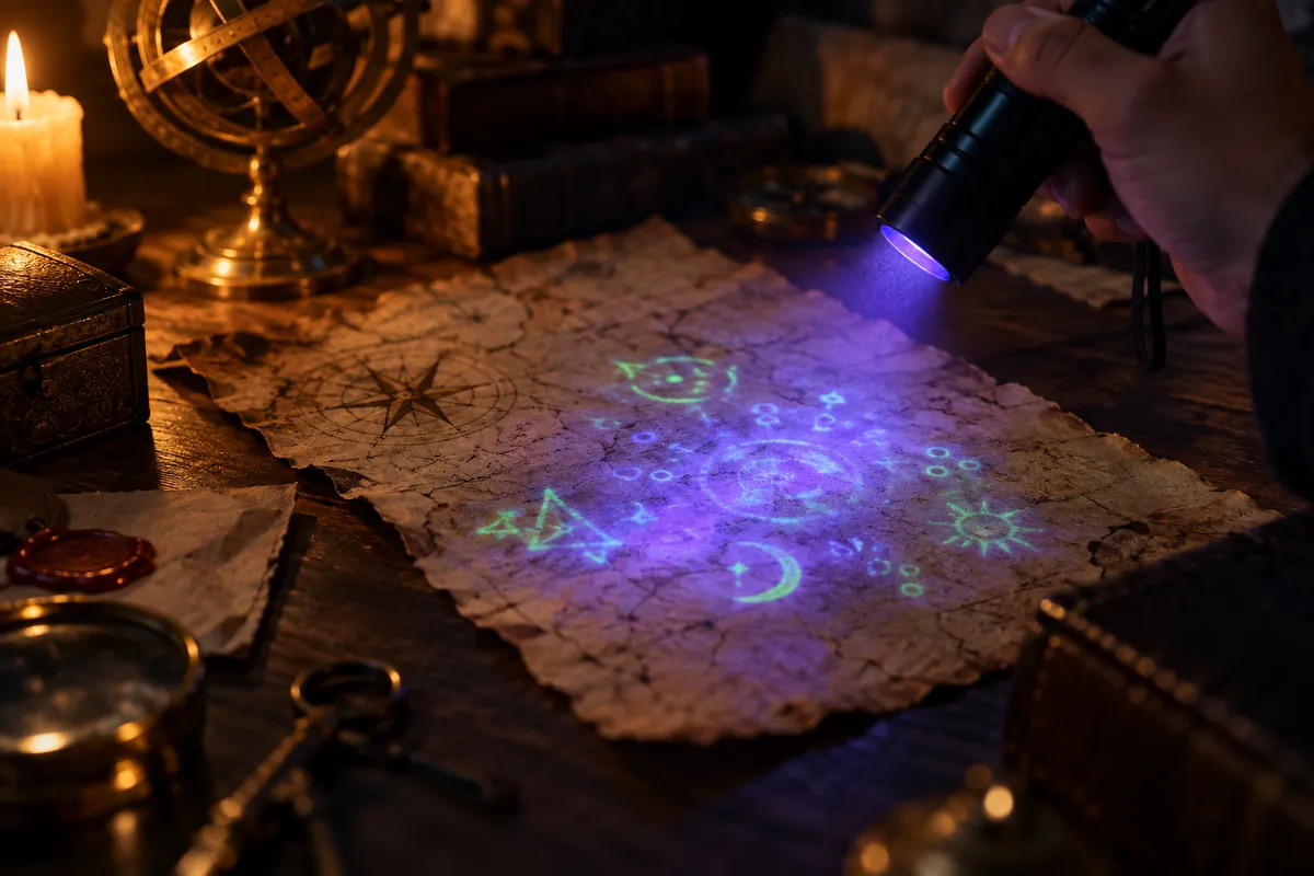 Lampe UV révélant des symboles cachés, classique des énigmes d’escape game