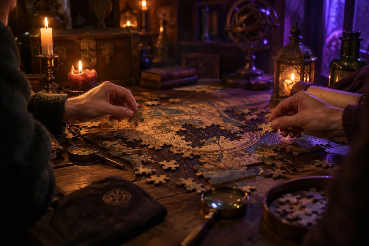 Puzzle en bois en cours d’assemblage parmi les énigmes d’escape game