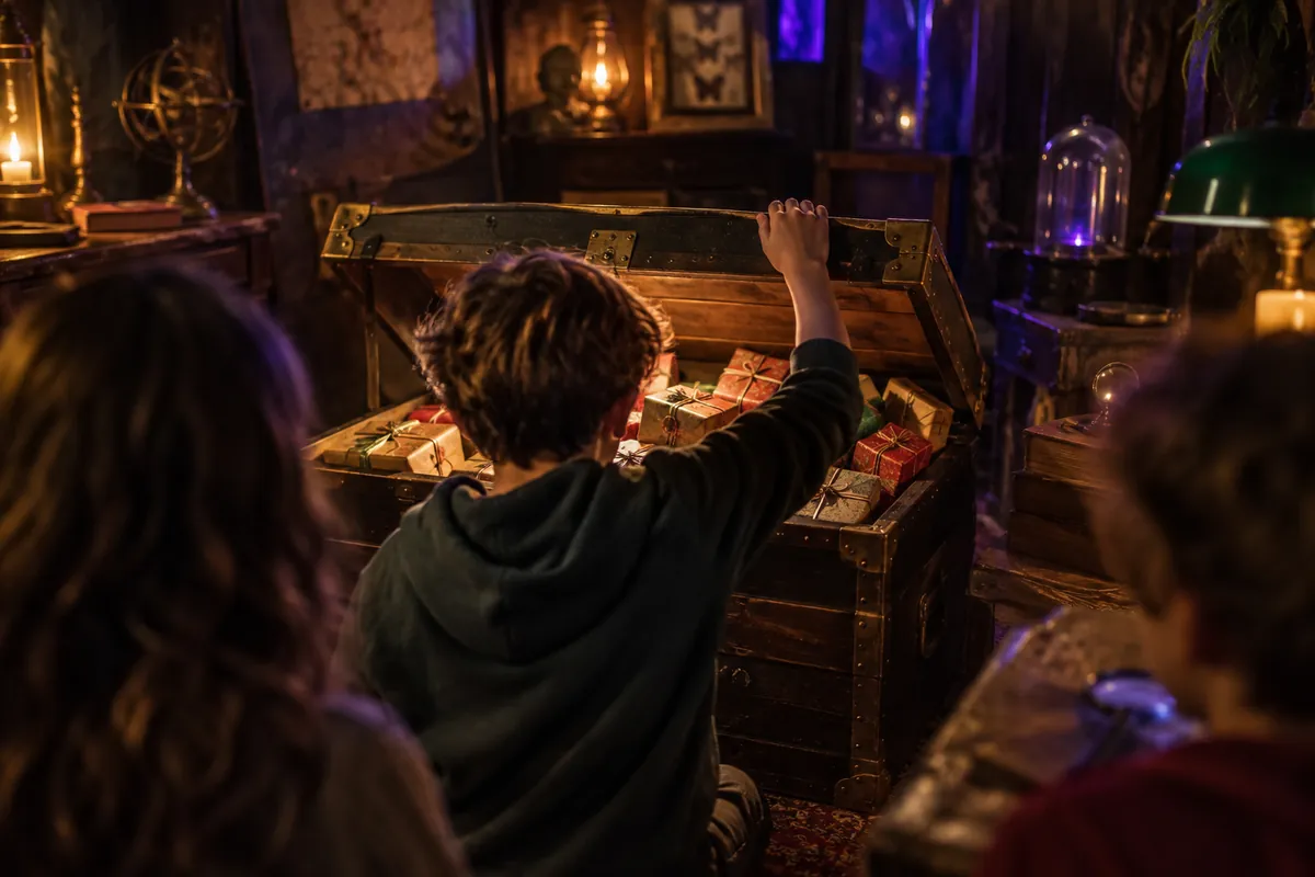 Coffre de cadeaux ouvert à la fin d’un anniversaire en escape game