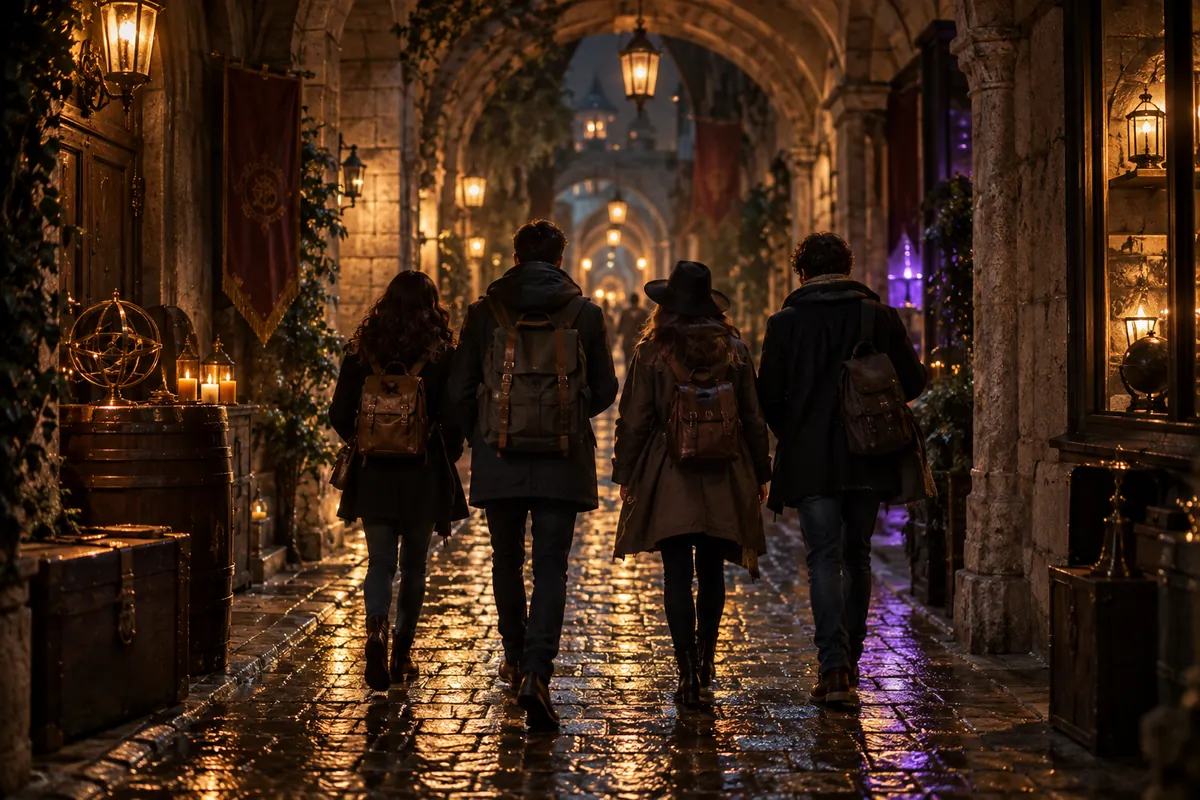 Amis sous les arcades le soir avant un escape game à Arras