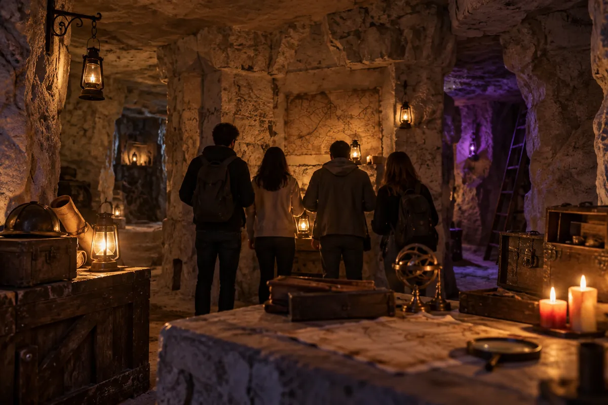Décor de carrière souterraine en craie évoquant un escape game à Arras