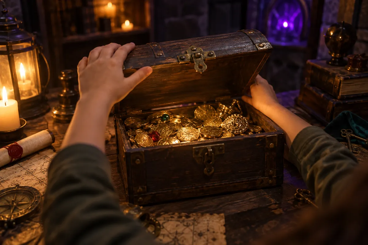 Petites mains ouvrant un coffre au trésor lors d’un escape game pour enfants
