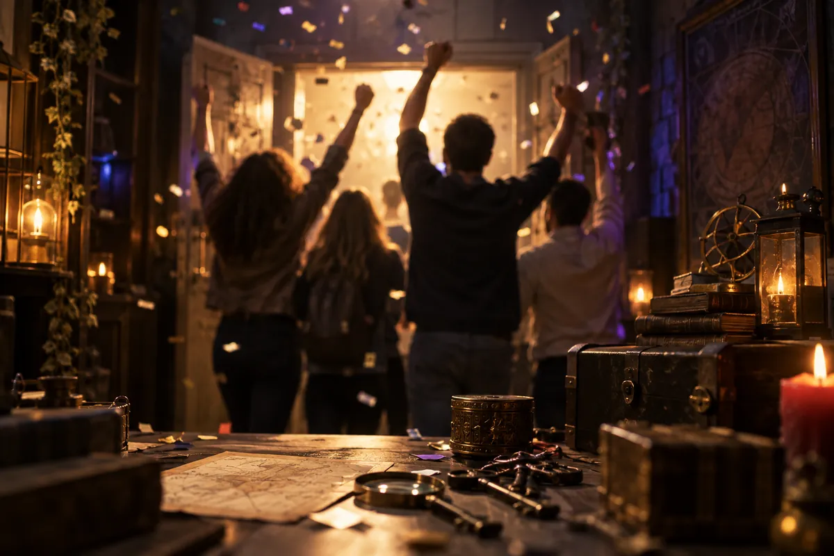 Groupe célébrant la sortie de salle après un escape game EVJF