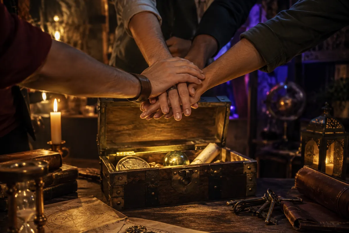 Mains réunies au-dessus d’un coffre ouvert après un escape game en groupe