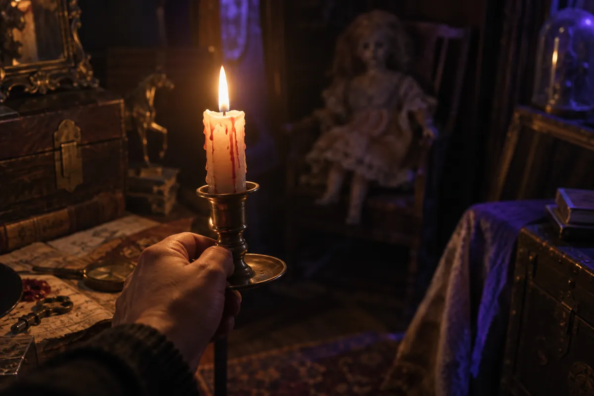 Bougie tremblante face à une poupée ancienne dans un escape game horreur
