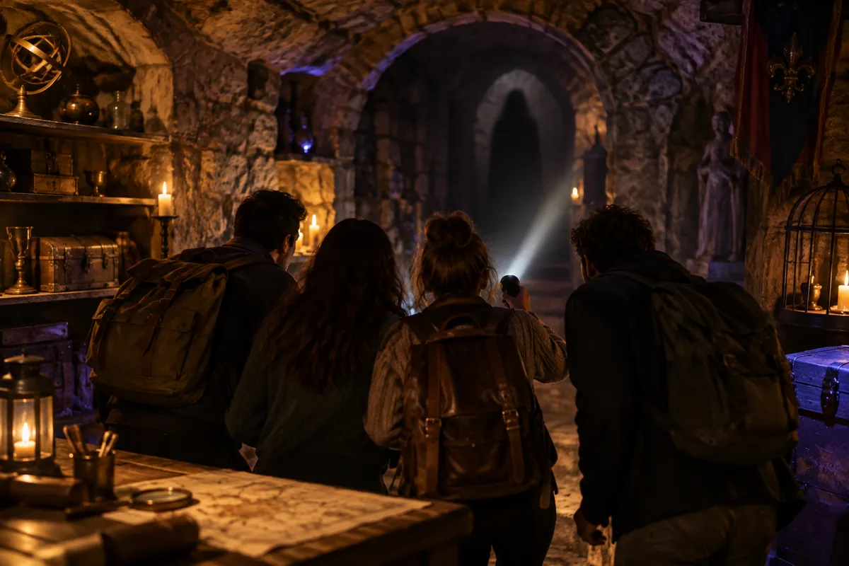 Groupe serré dans une cave en pierre pendant un escape game horreur