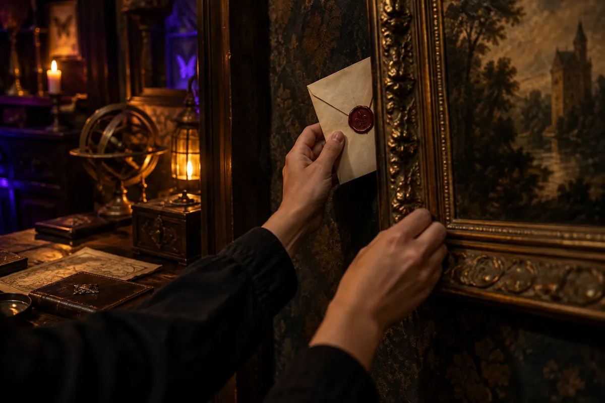 Enveloppe cachée derrière un cadre pour préparer un escape game à la maison