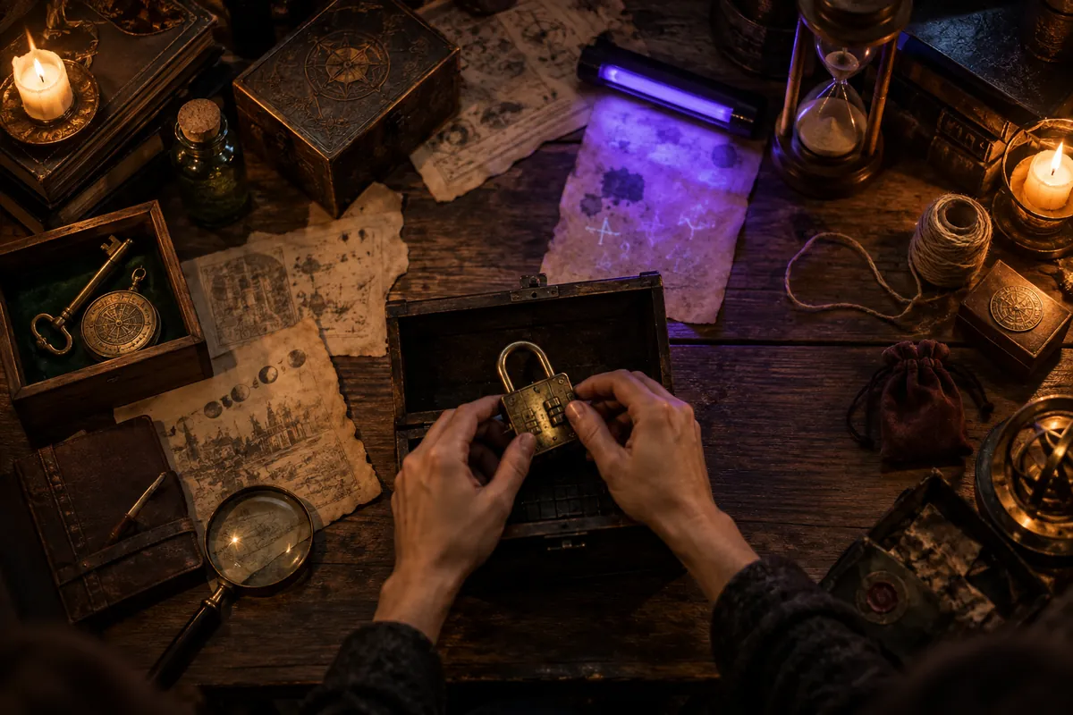 Matériel étalé sur une table pour fabriquer un escape game à la maison