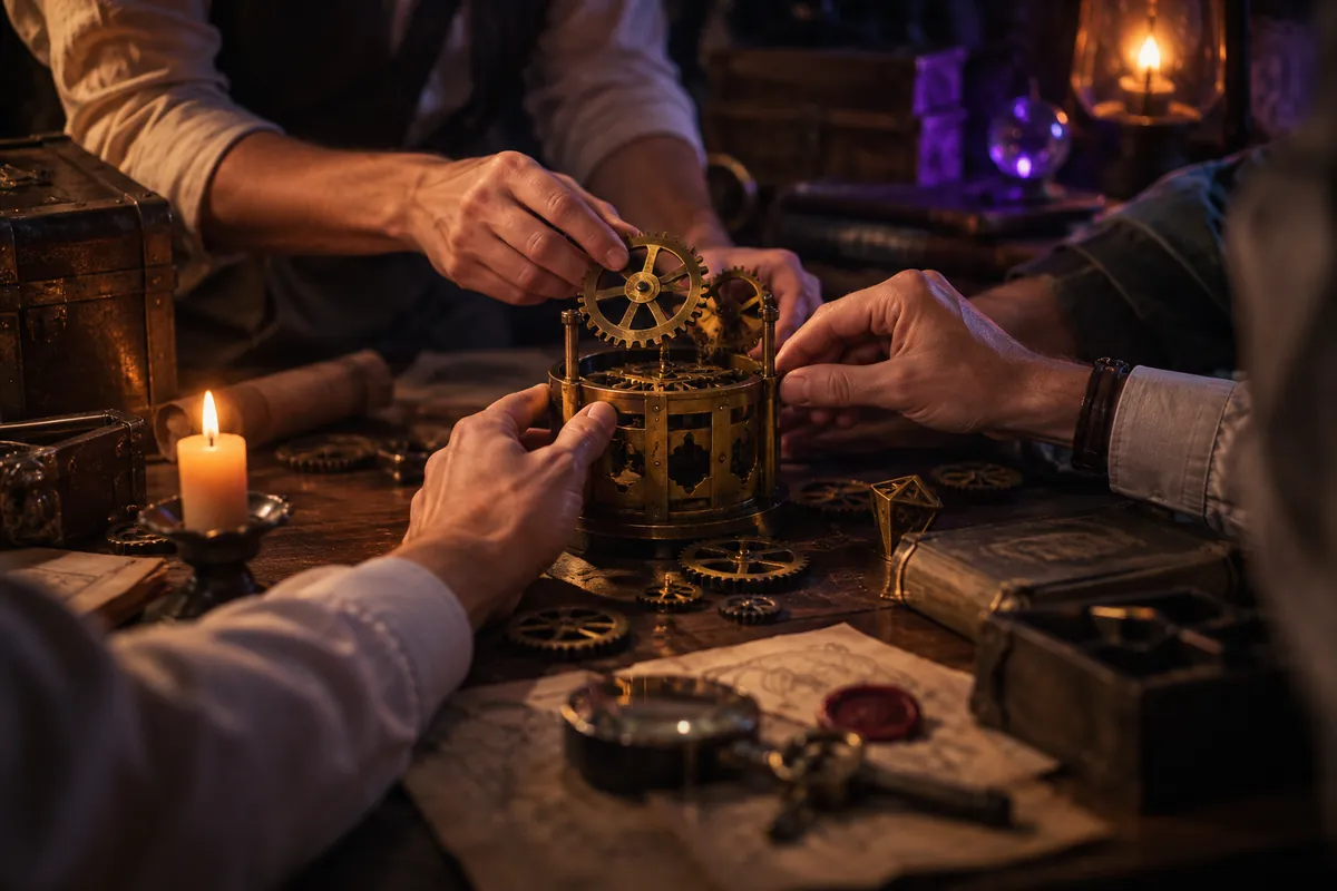 Mains qui assemblent des rouages pendant un escape game team building