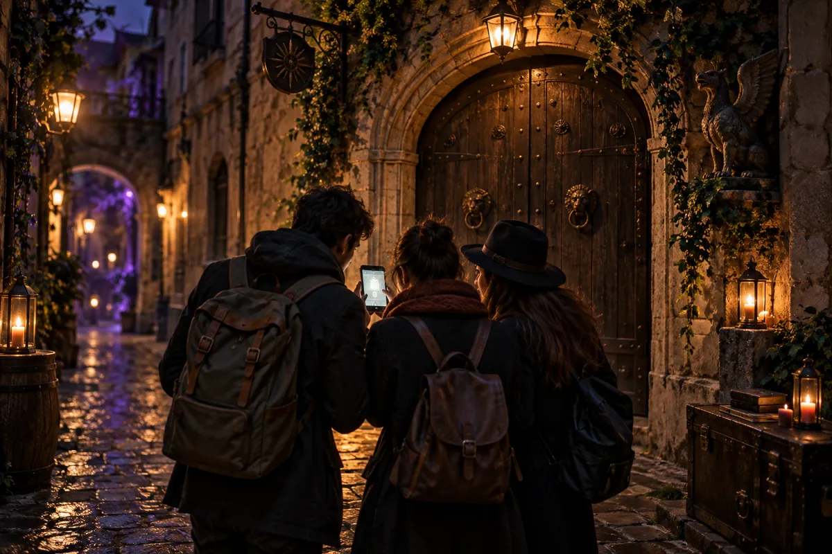 Équipe en ville avec un smartphone, parmi les types d’escape game en extérieur